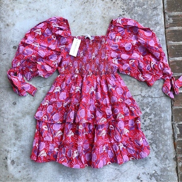 Mulberry & King Smocked Mini Dress Tiered Babydoll Poppy Lilac Floral Print XS/S - Picture 6 of 6